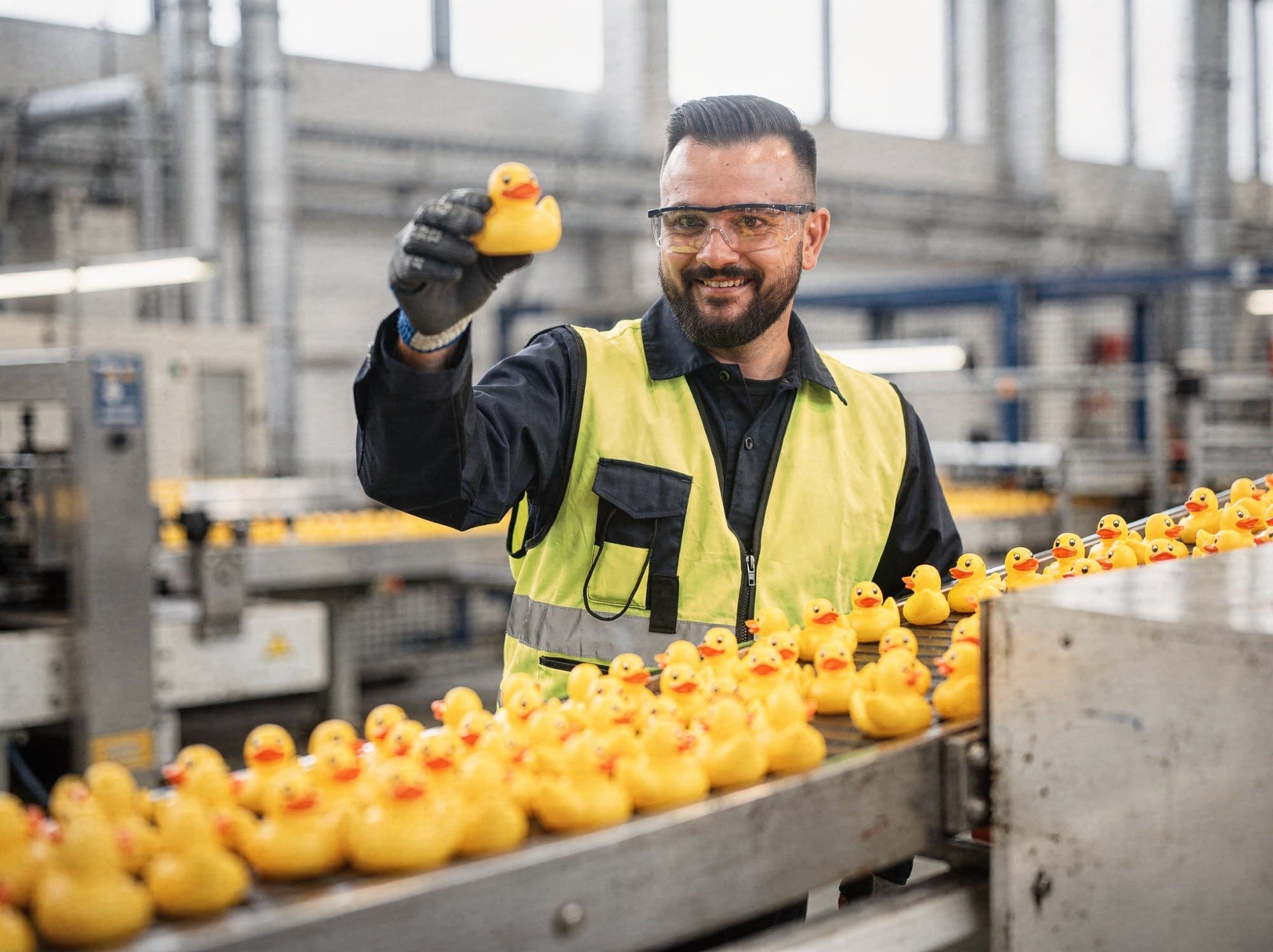Smiling production worker in safety glasses and a hi-vis vest holding up a rubber duck, with a conveyor belt full of rubber ducks in front of him