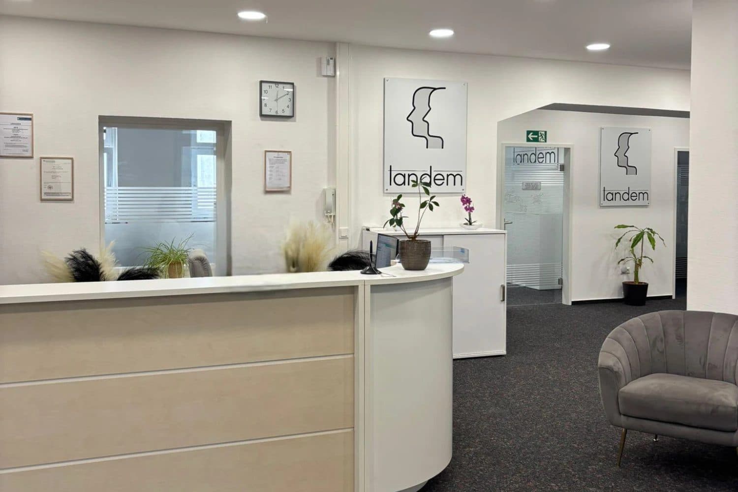 Reception area of a tandem branch with front desk, armchair and the tandem logo on the wall